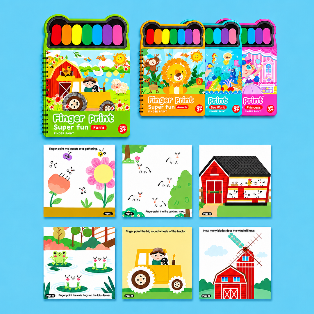 Farm finger painting book with sample pages showing flowers, animals, a tractor and a barn