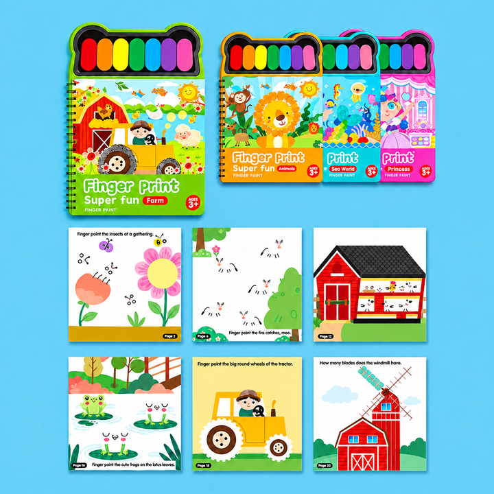 Farm finger painting book with sample pages showing flowers, animals, a tractor and a barn