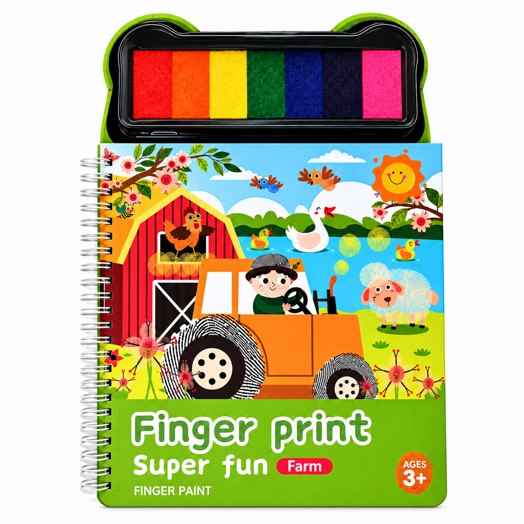 Farm-themed spiral finger painting book with a tractor cover and attached multicolor paint pad