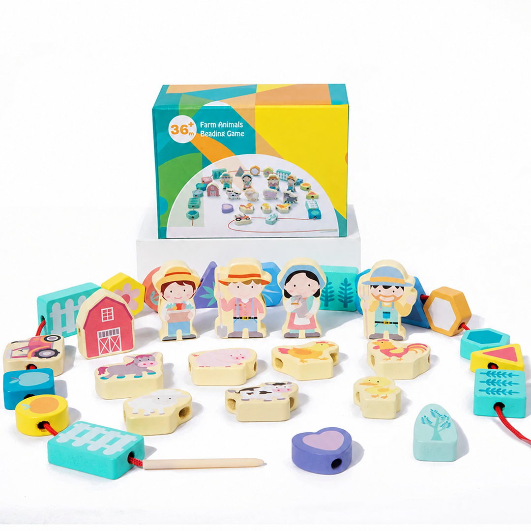 Farm-themed wooden lacing set with people, animals, a barn, geometric beads, and red cord.