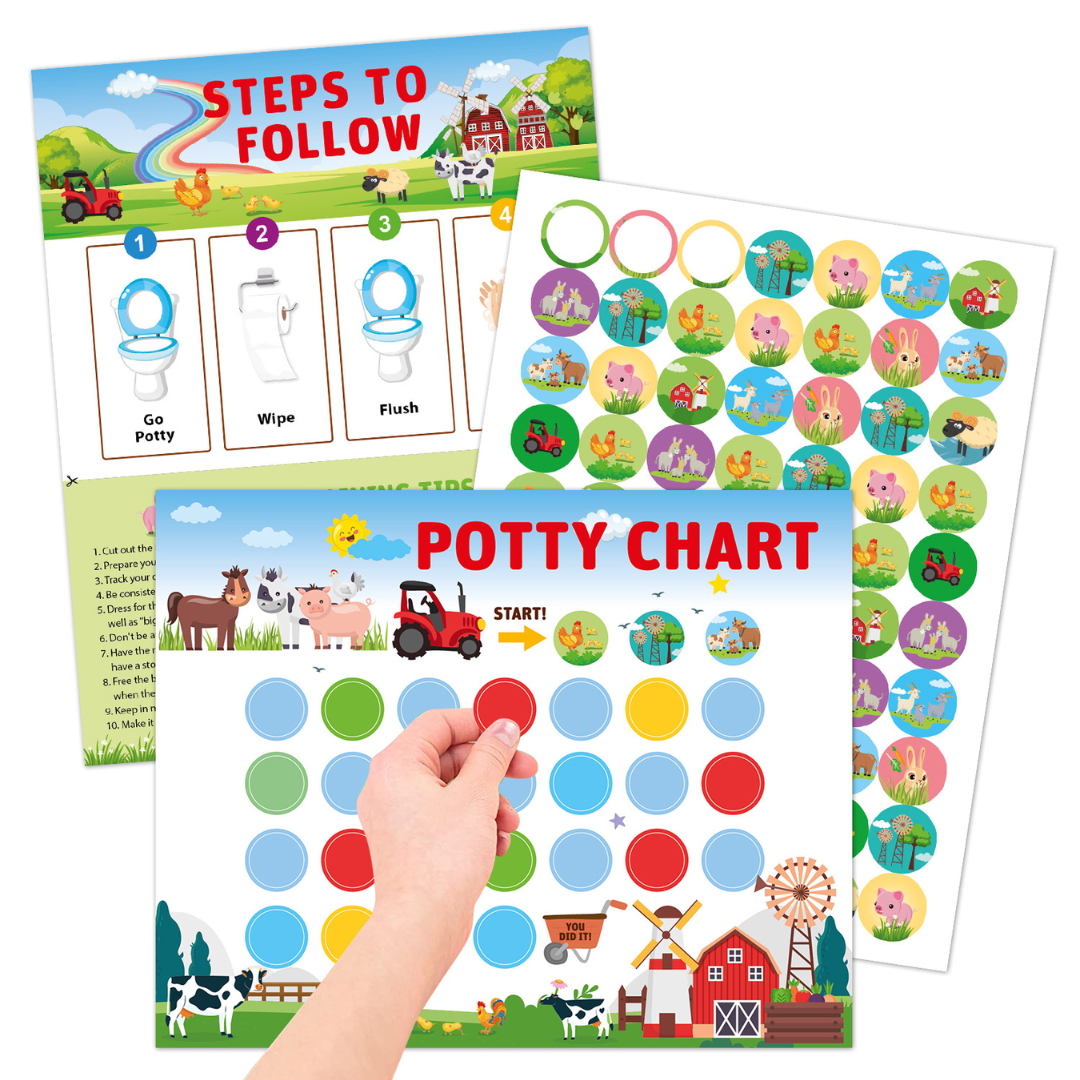 Farm potty training chart with matching stickers and an illustrated potty routine guide