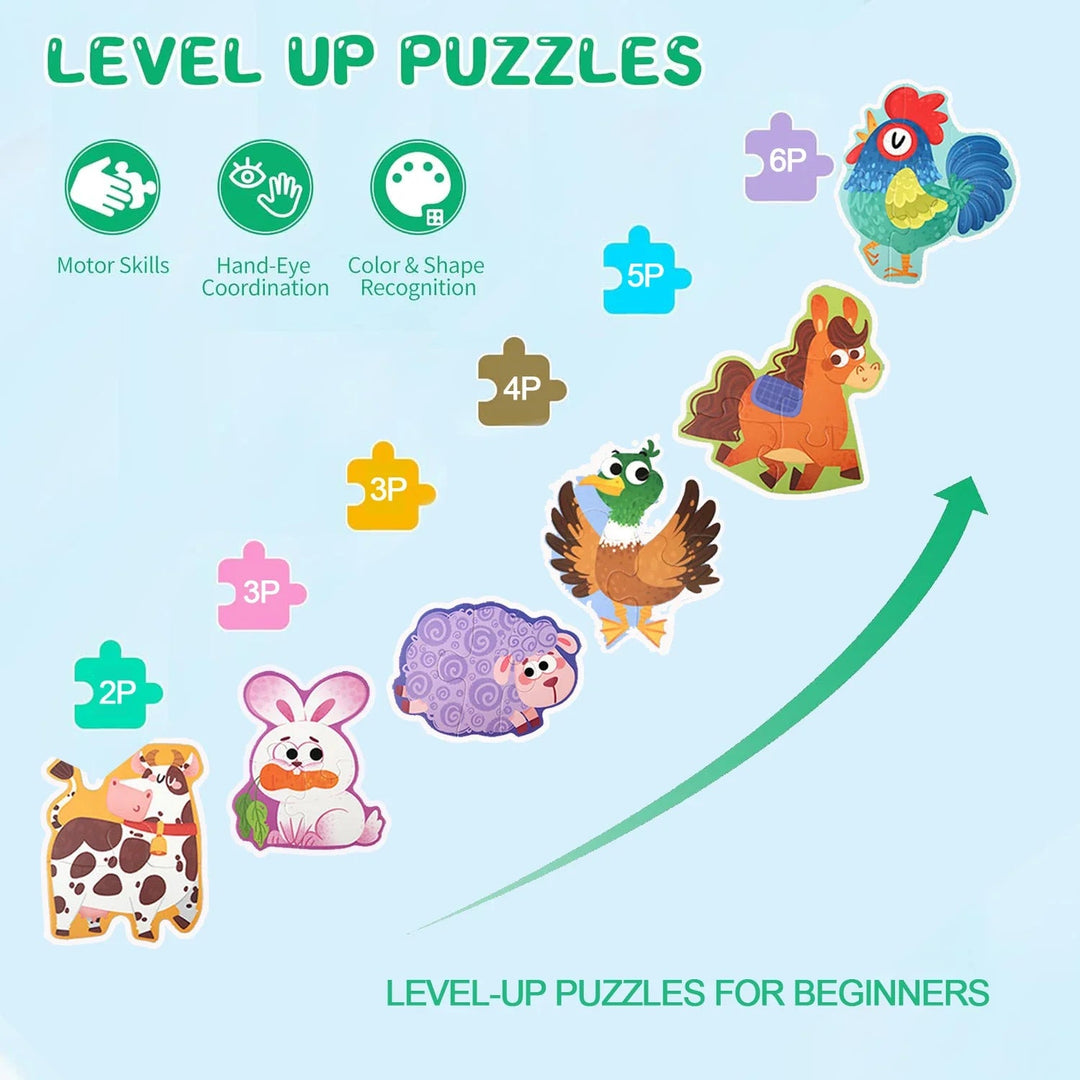 Farm animal puzzles arranged from a two-piece cow to a six-piece rooster