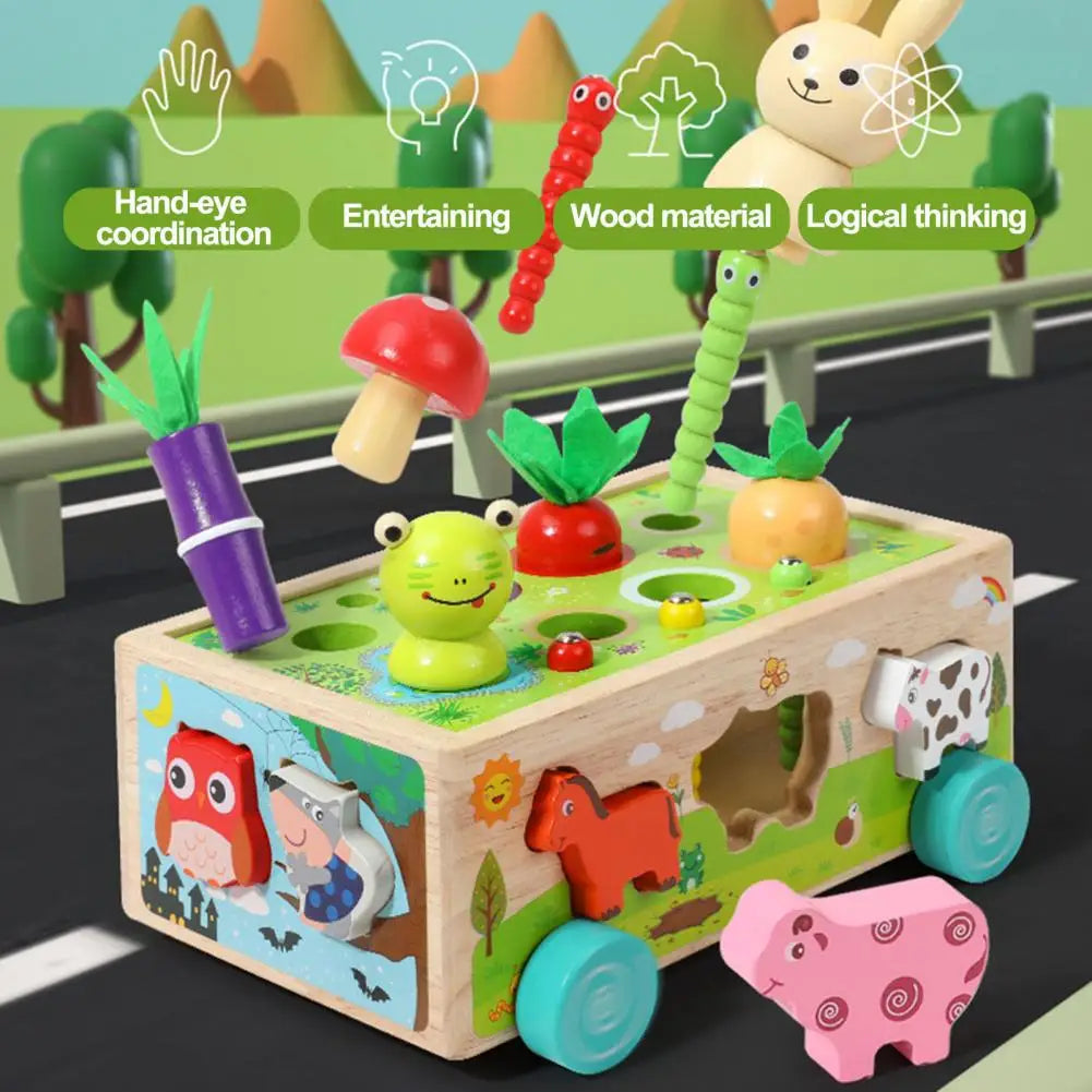 Wooden farm shape sorter with animal blocks, vegetable pieces, and small green worms