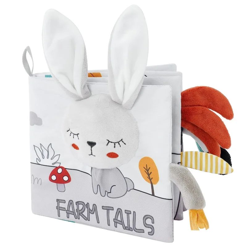 Farm-themed fabric book with a rabbit cover, long raised ears and assorted textured tails