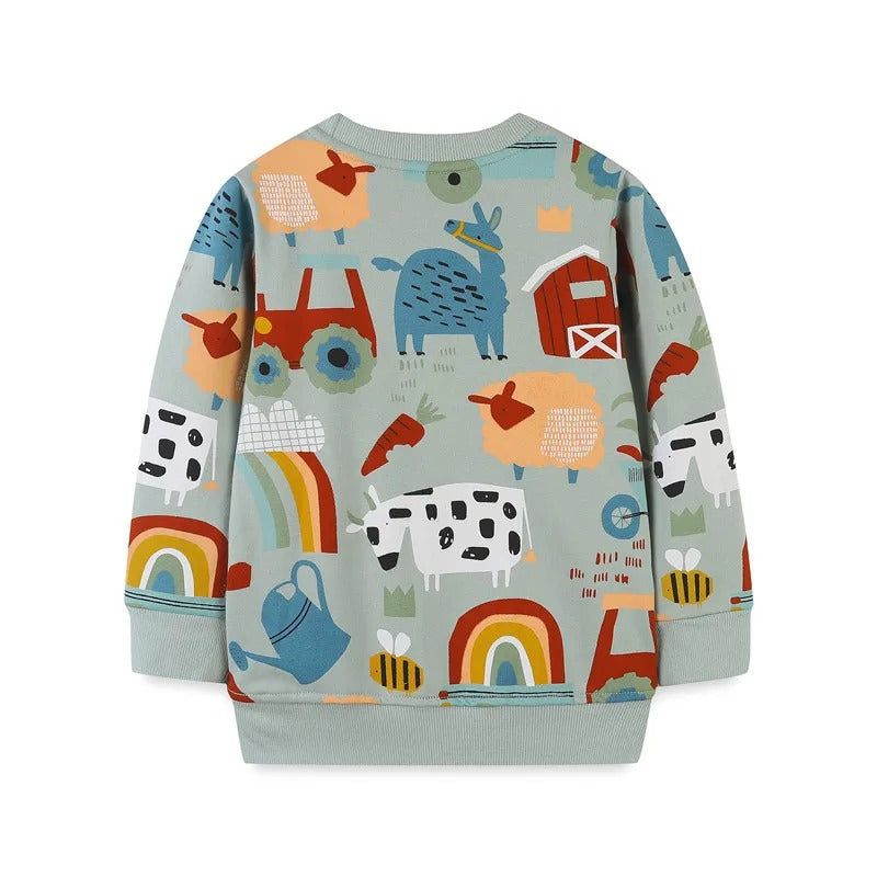 Back of the farm animal-print sweatshirt with long sleeves and ribbed cuffs and hem