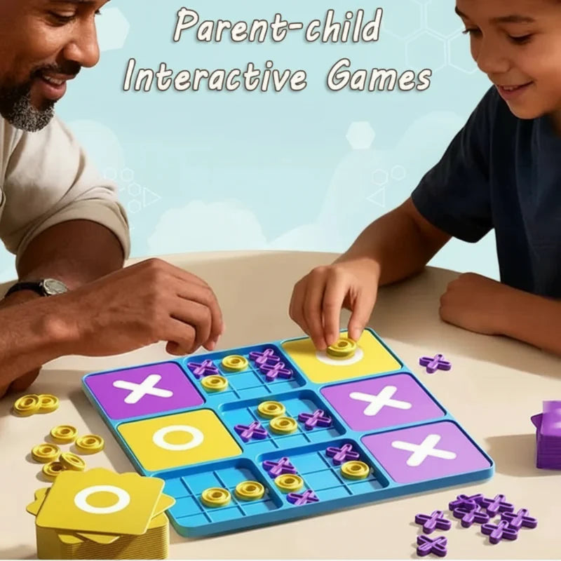 Father and child playing tic-tac-toe together on a blue board with nine mini grids
