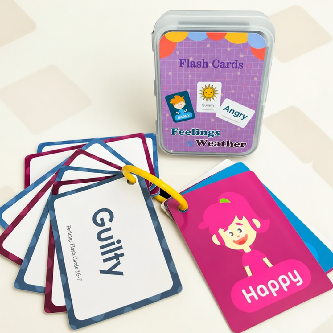 Feelings and weather flash card set with guilty and happy cards, a ring, and storage case.