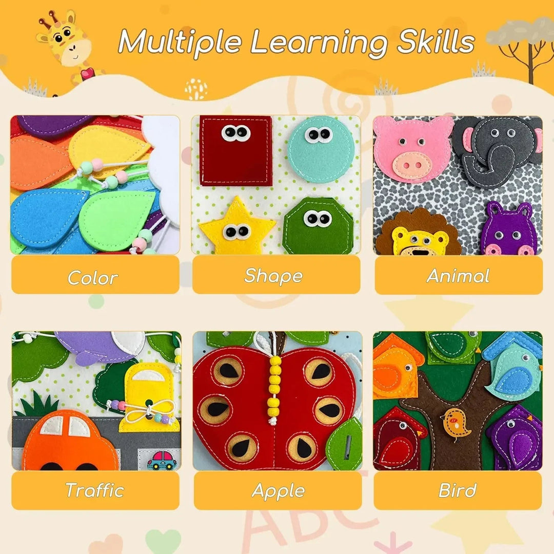 Six felt activity panels with color, shape, animal, vehicle, apple, and bird themes