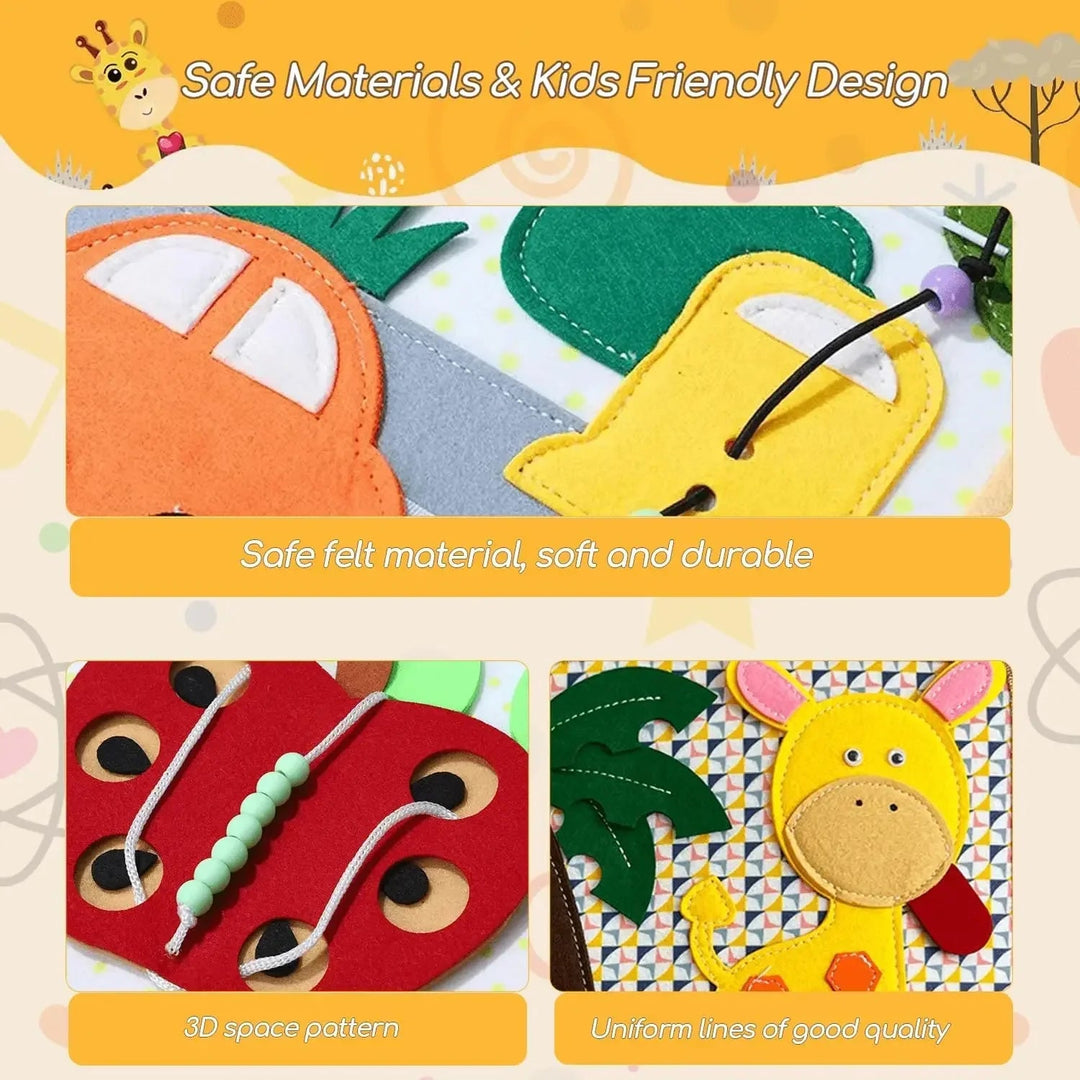 Close-up views of felt vehicle pieces, apple lacing, and a stitched giraffe design