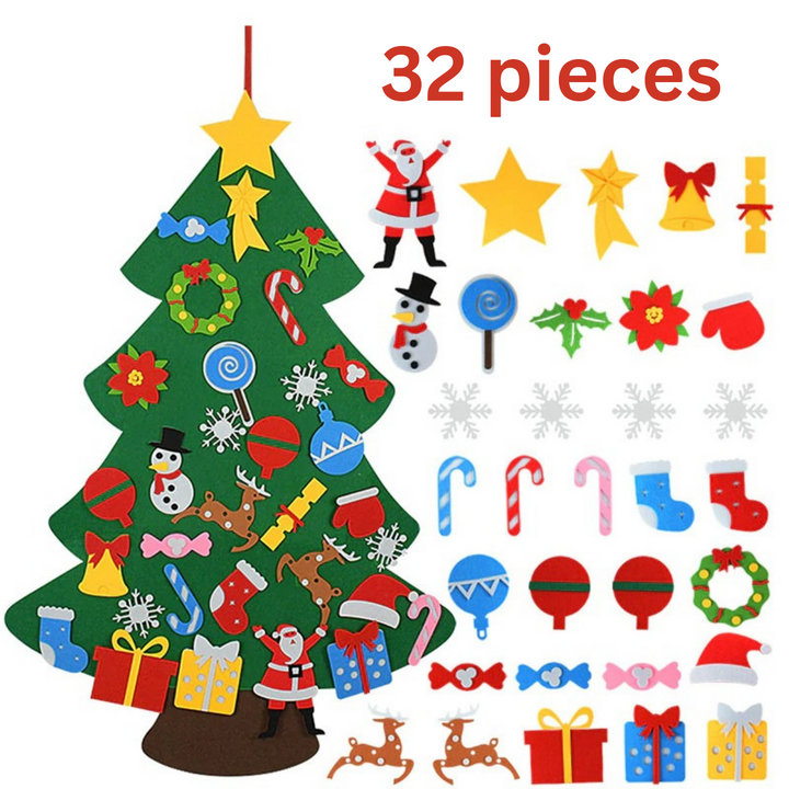 Green felt Christmas tree with colorful removable ornaments displayed alongside it