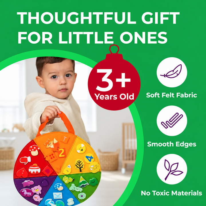 Child holding a felt sorting board beside an ages 3 and up label