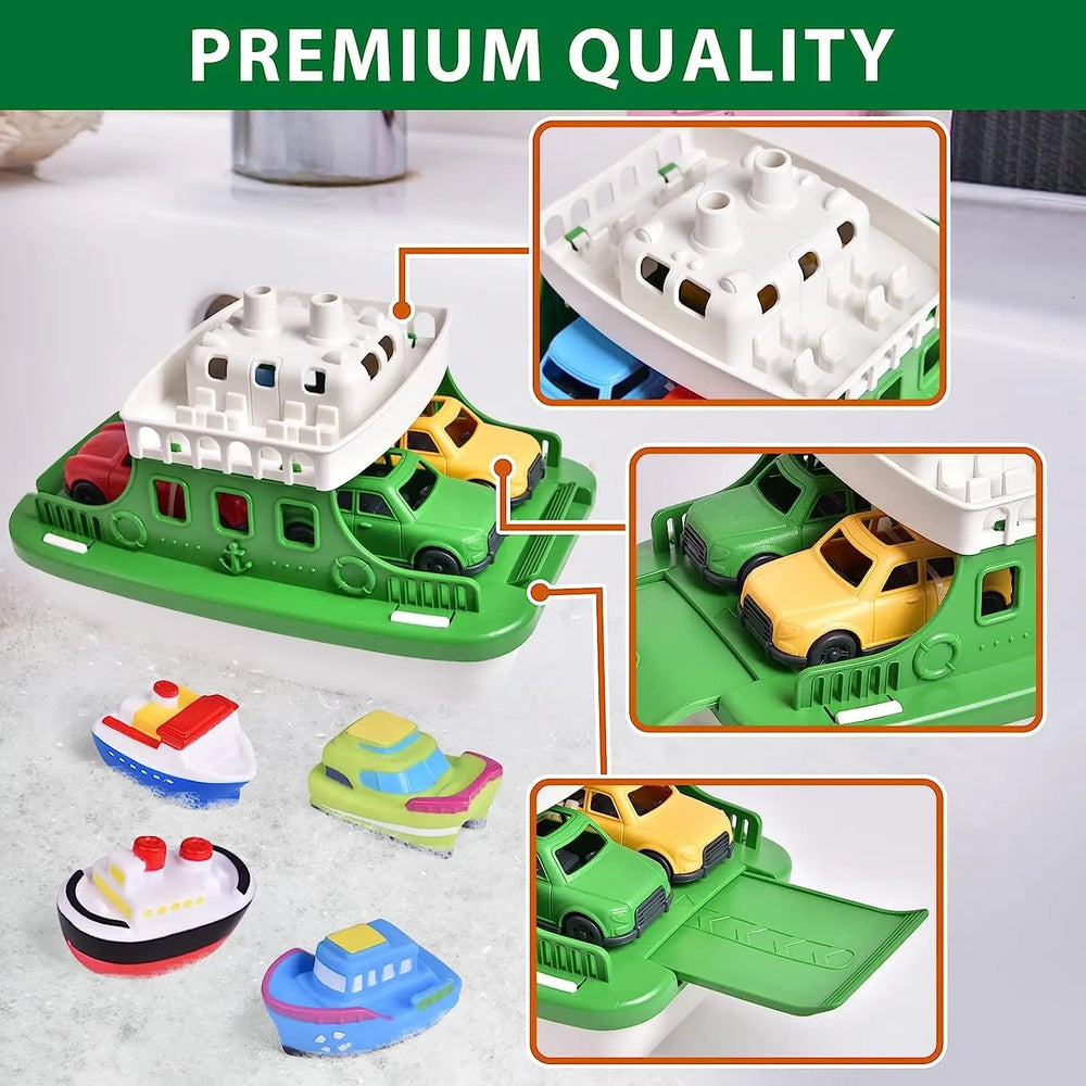 Green and white toy ferry with close-up views of the cabin, car deck, and loading ramp