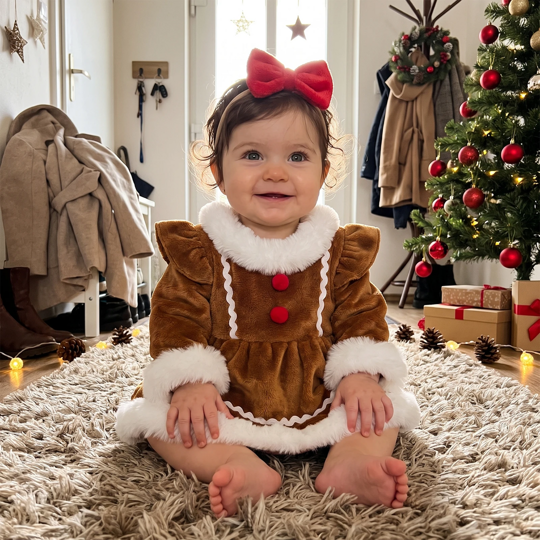 Seated baby wearing the gingerbread-style romper and red bow headband near a Christmas tree.
