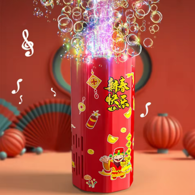 Decorated red bubble machine shown releasing bubbles on a festive display