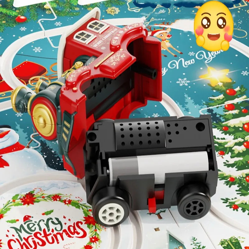 Christmas locomotive with its shell lifted to show the battery compartment and wheeled base