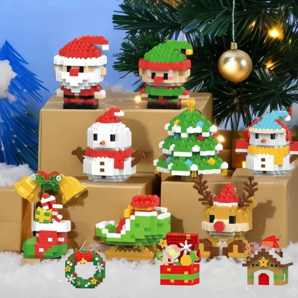 Santa, elf, snowmen, reindeer and other Christmas mini block models arranged beside a tree