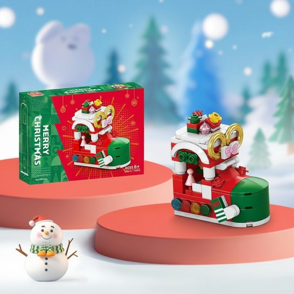 Green Christmas shoe building model filled with gifts beside its box