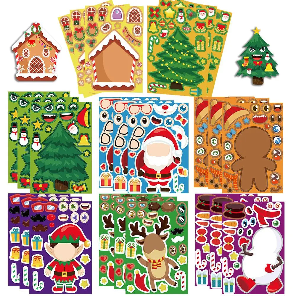 Christmas craft sheets with mix-and-match features and finished tree and gingerbread house stickers