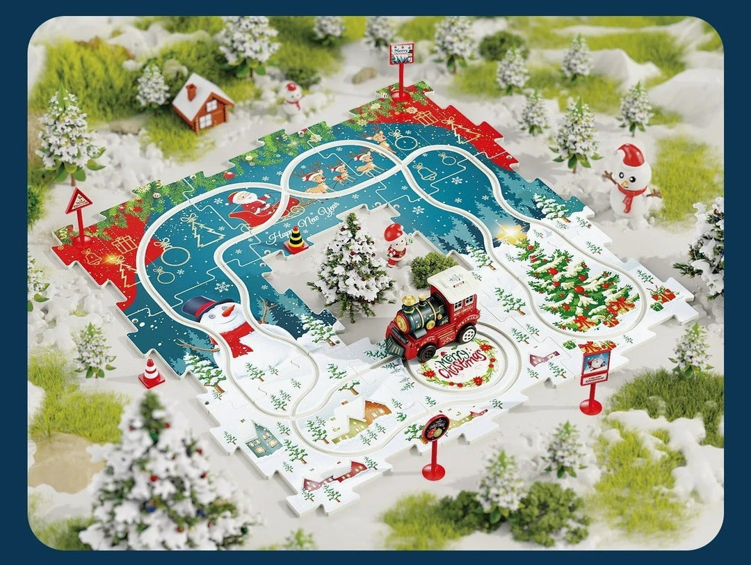 15-piece Christmas train puzzle set shown with an extended track layout and signs