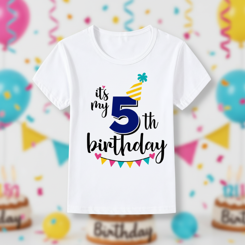 White fifth-birthday T-shirt with a blue number 5, yellow party hat, and colorful bunting