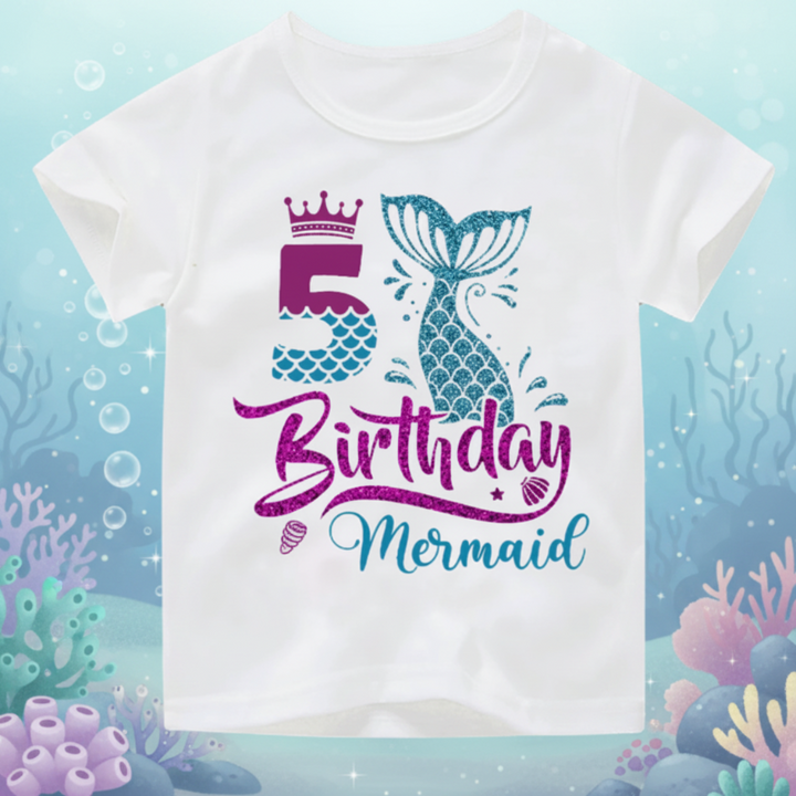 White fifth-birthday T-shirt with a purple number 5, crown, and teal mermaid tail