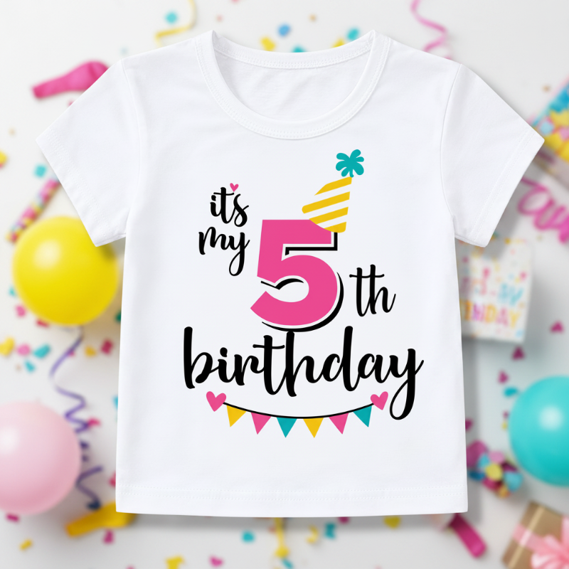 White fifth-birthday T-shirt with a pink number 5, yellow party hat, and colorful bunting