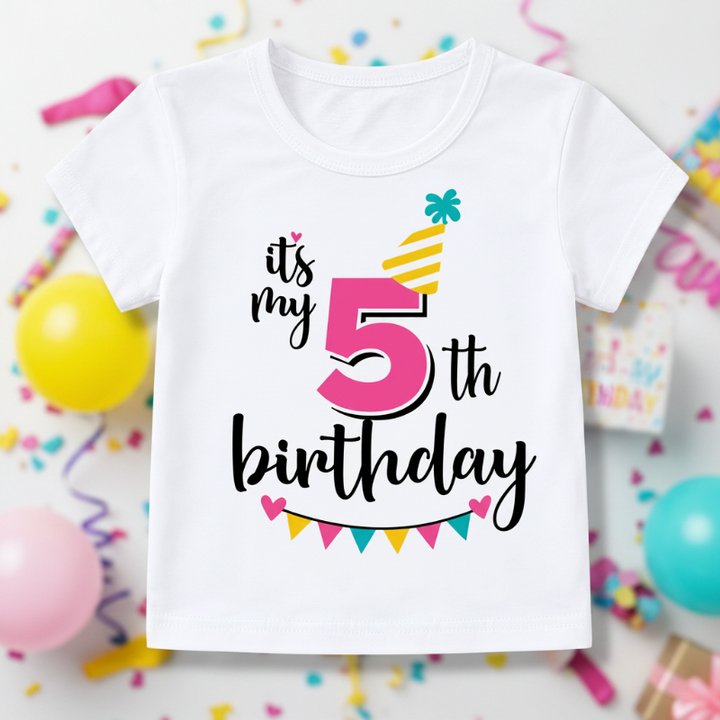 White fifth-birthday T-shirt with a pink number 5, yellow party hat, and colorful bunting