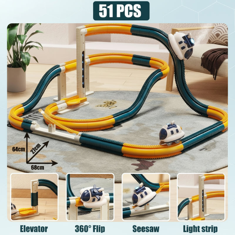 51-piece train track layout with lift, flip, seesaw, light strip, and size measurements