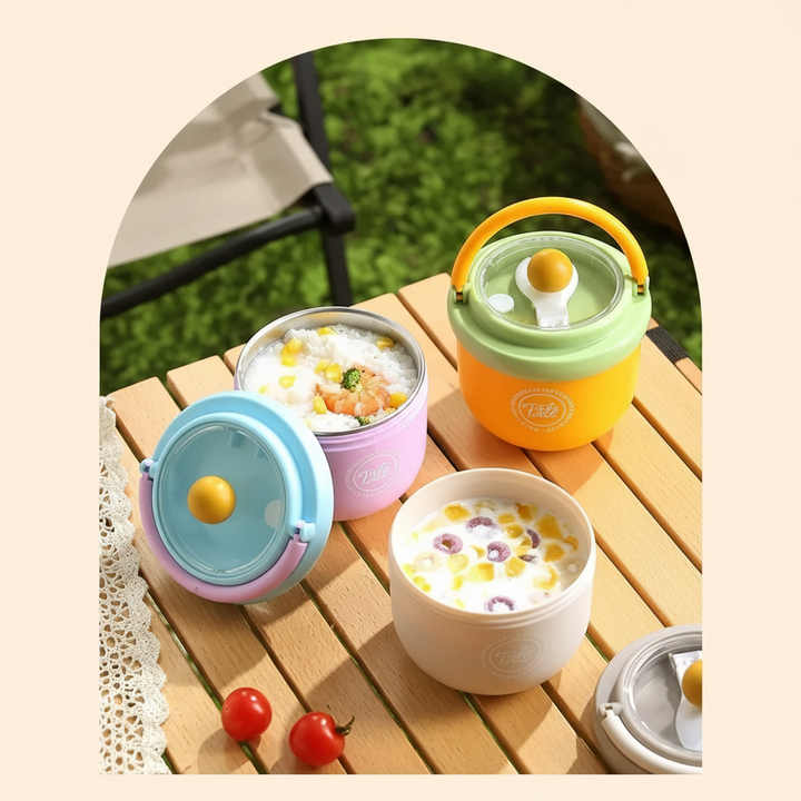 Open and closed lunch bowls with colorful meals on an outdoor wooden table.
