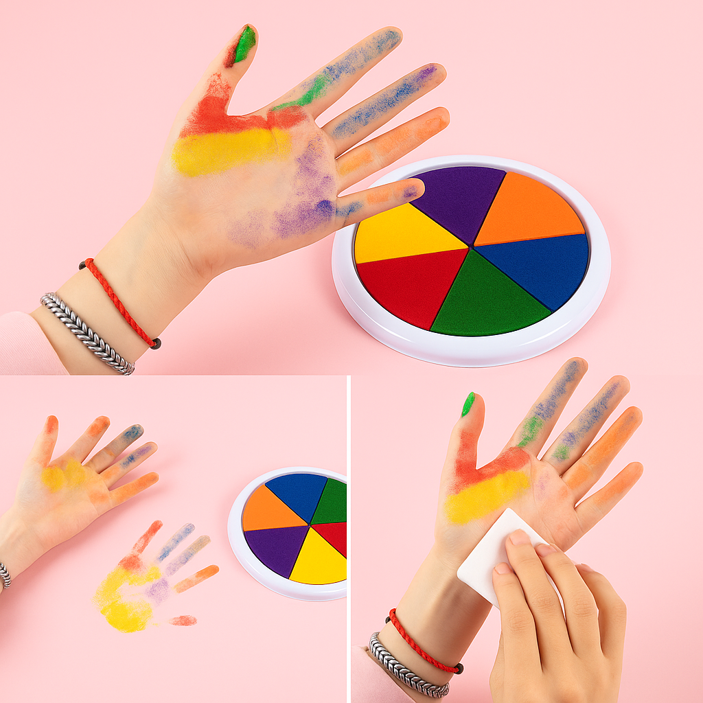 Paint-covered palm, a handprint on paper, and a hand being wiped clean beside a six-color pad