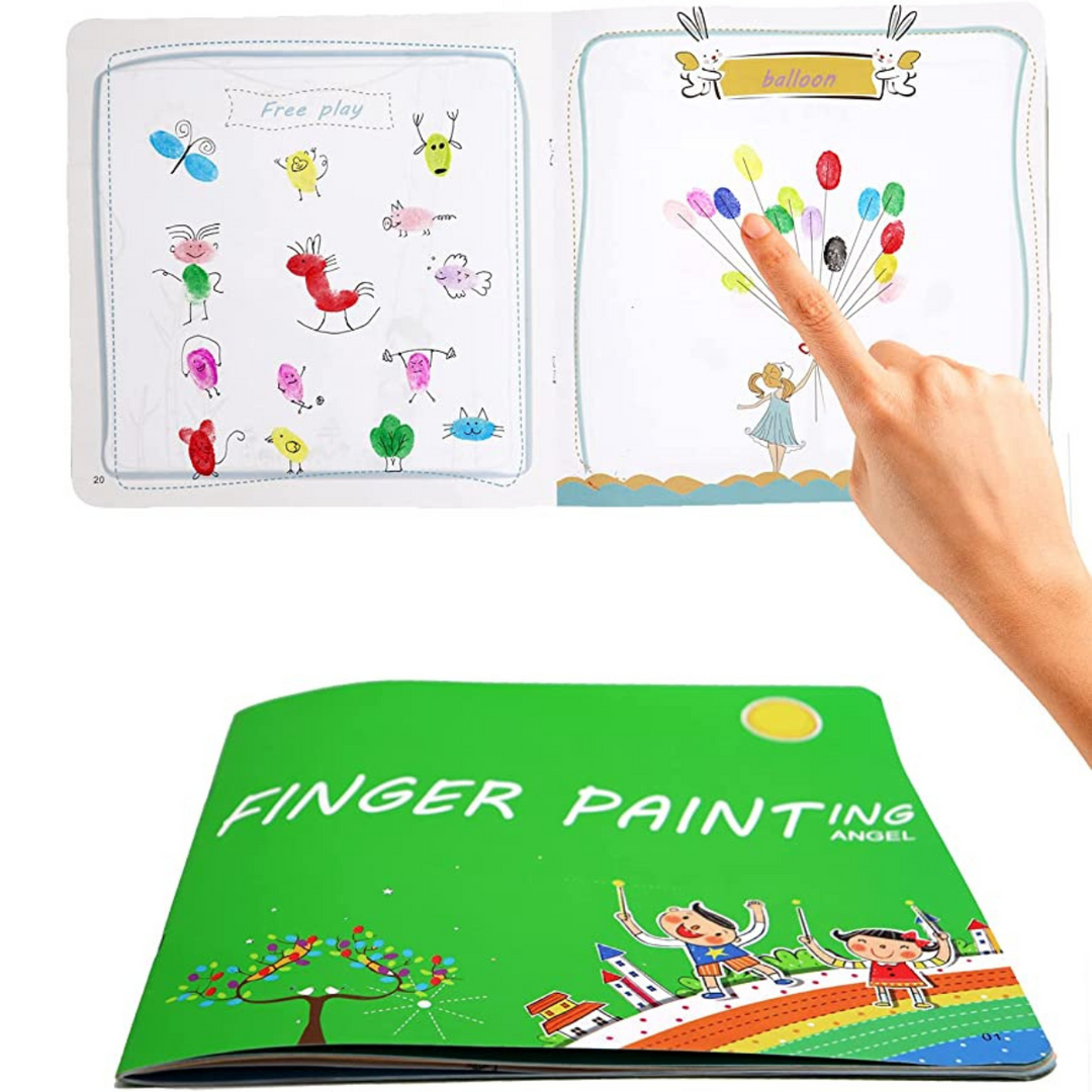 Finger painting book cover and open pages with balloon and character fingerprint designs