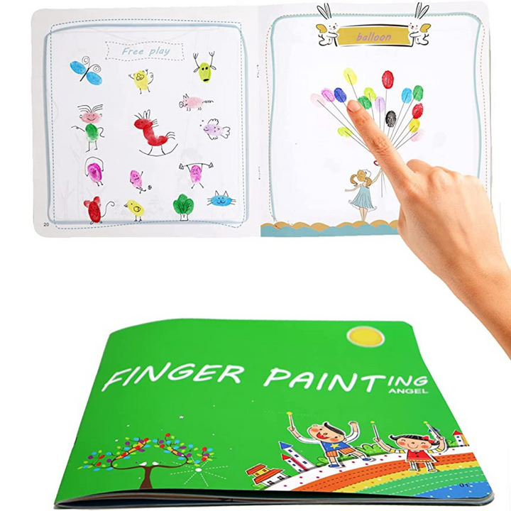 Finger painting book cover and open pages with balloon and character fingerprint designs