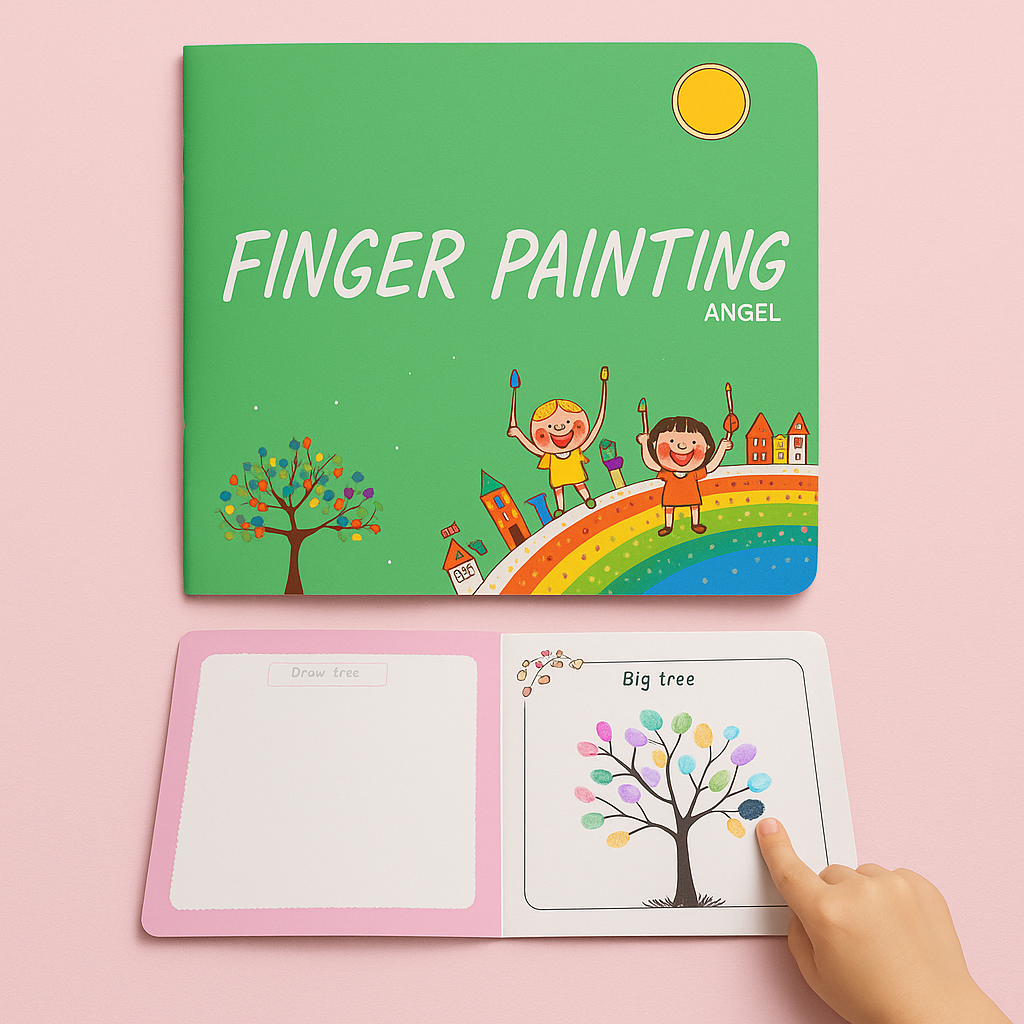 Green finger painting book with an open page showing a tree filled with fingertip dots