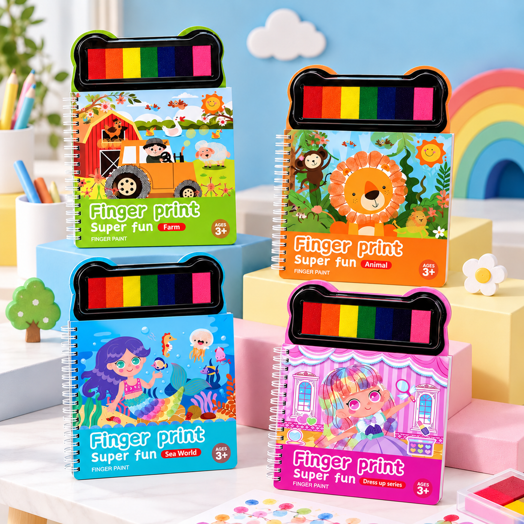 Four themed finger painting books with built-in multicolor paint pads on pastel display blocks