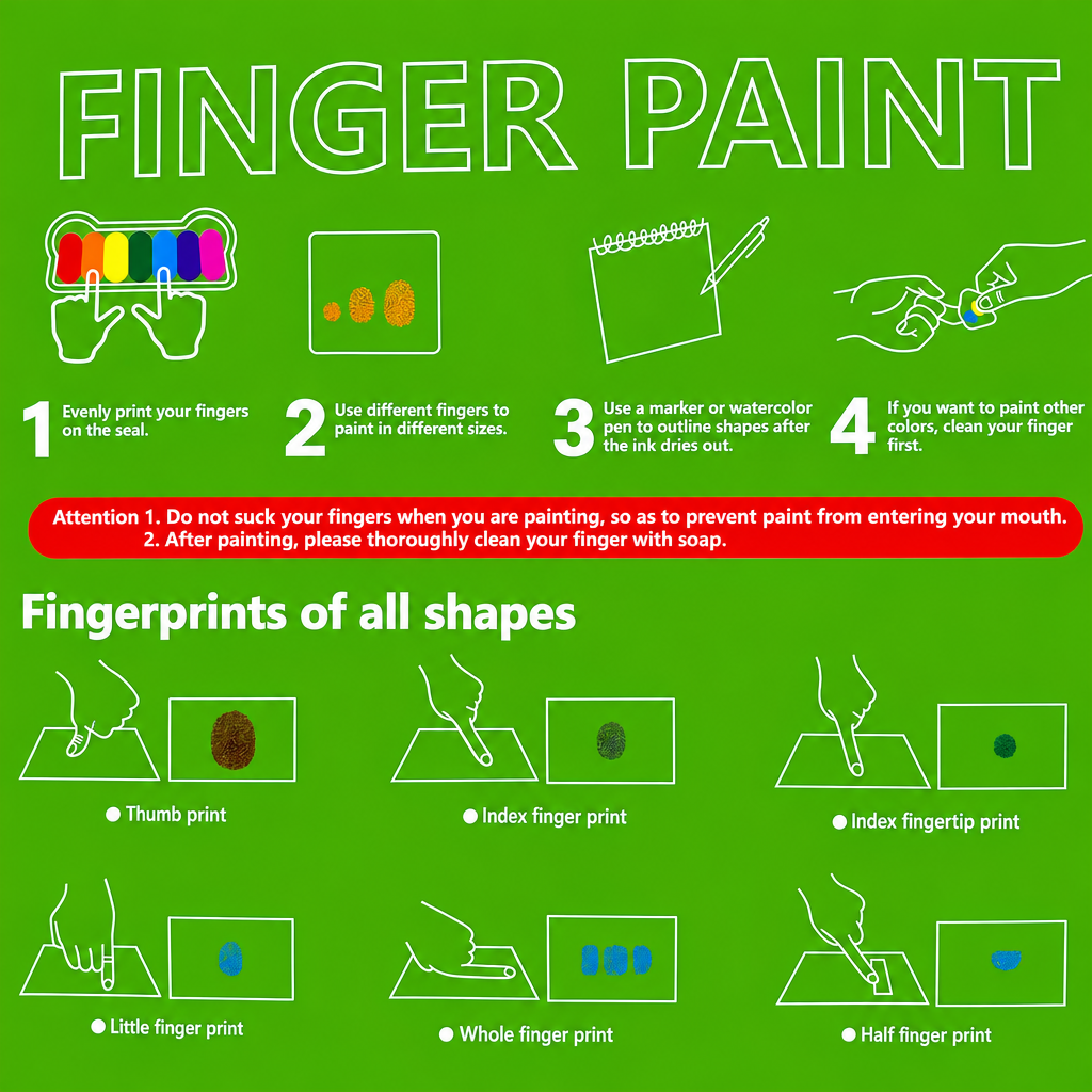 Printed guide to finger painting techniques, fingerprint shapes and washing fingers after painting