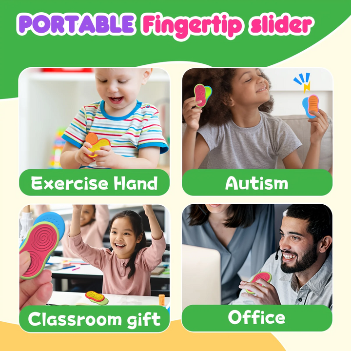 Children and adults holding colorful fingertip fidget toys in everyday settings