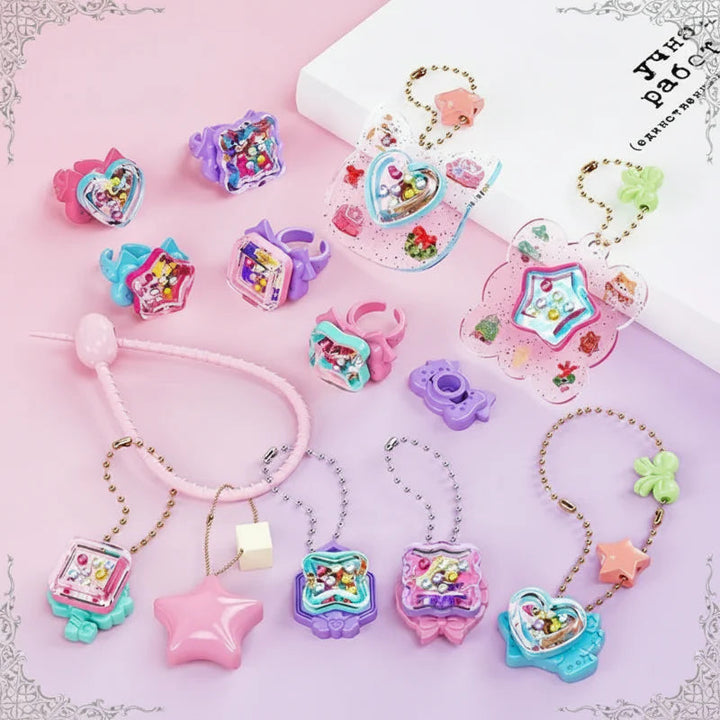 Finished bead-filled charms on bracelets, necklaces, rings, and keychains.