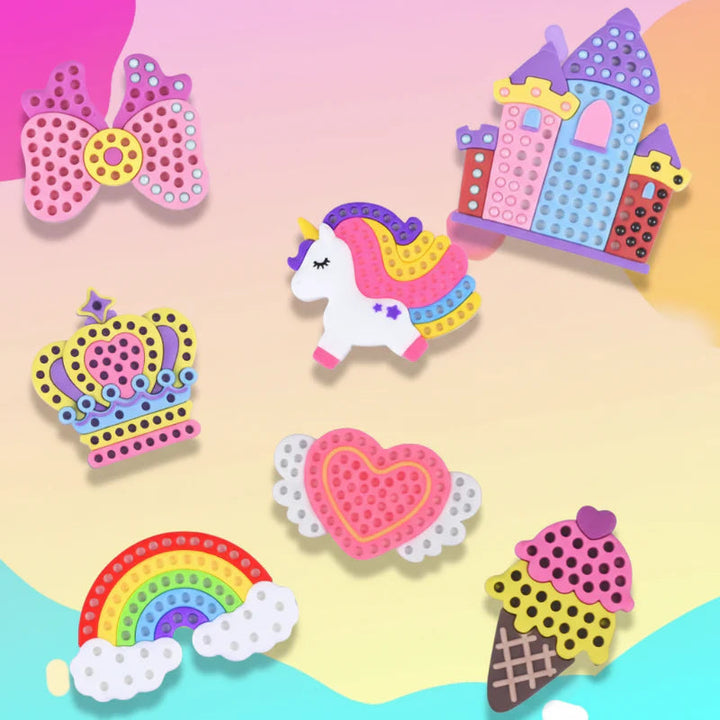 Beaded bow, castle, unicorn, crown, heart, rainbow, and ice cream designs