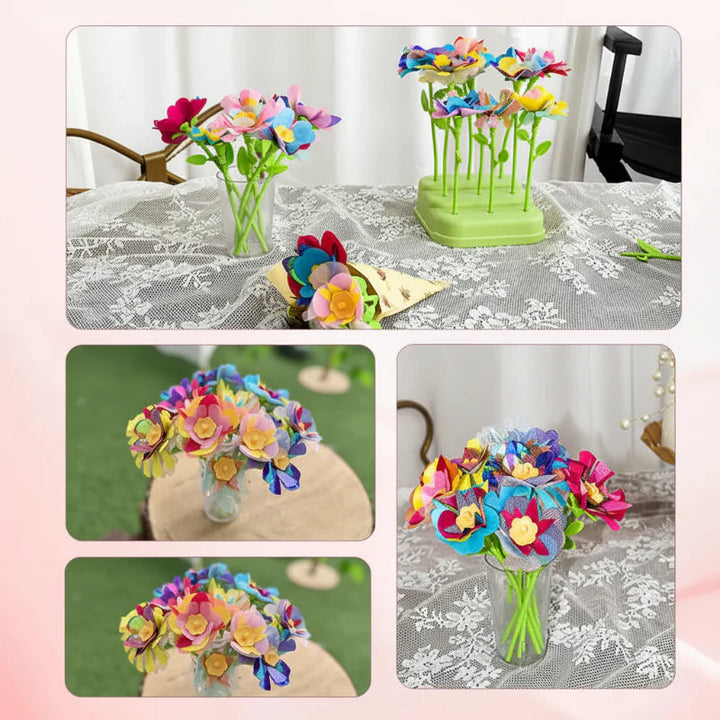 Finished fabric flower bouquets displayed in a vase, arrangement base, and paper wrapping