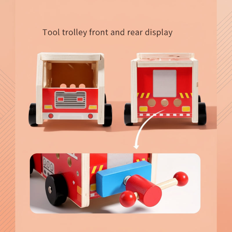 Front and rear views of the wooden fire truck with a close-up of its rear crank.