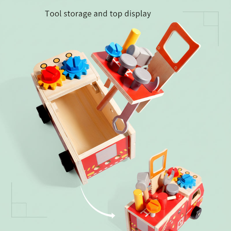 Open wooden fire truck showing its storage compartment and raised tool panel.