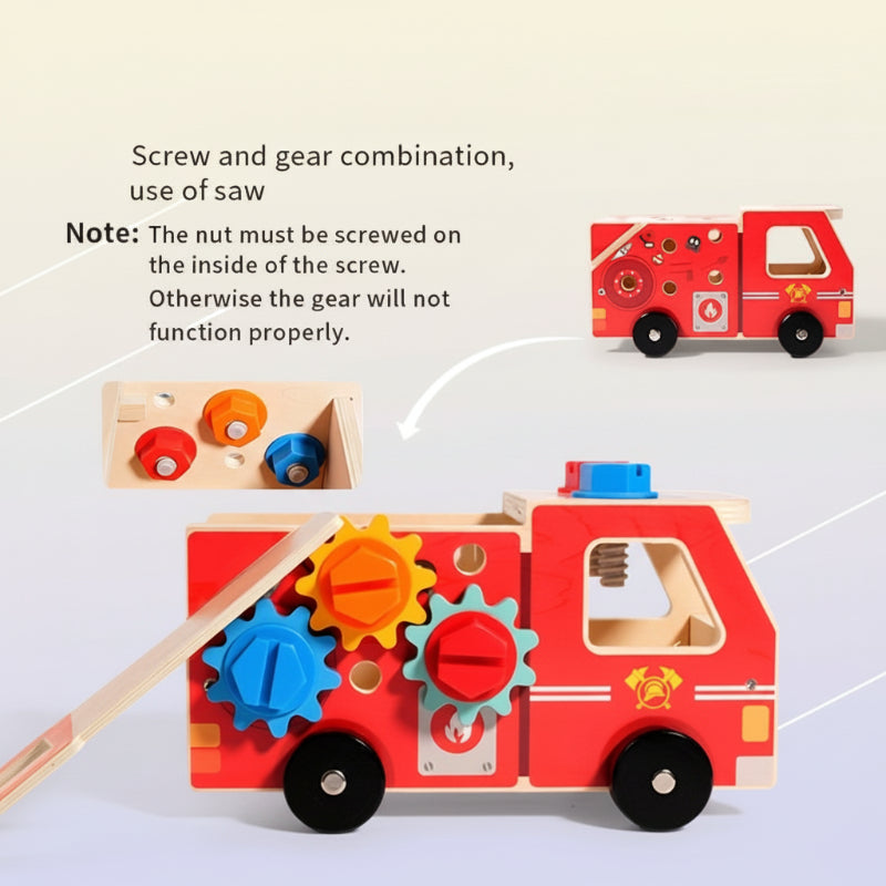 Wooden fire truck with a saw, side-mounted gears, and bolts.