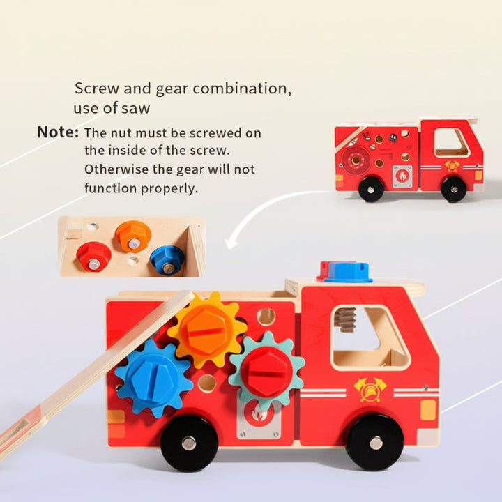 Wooden fire truck with a saw, side-mounted gears, and bolts.