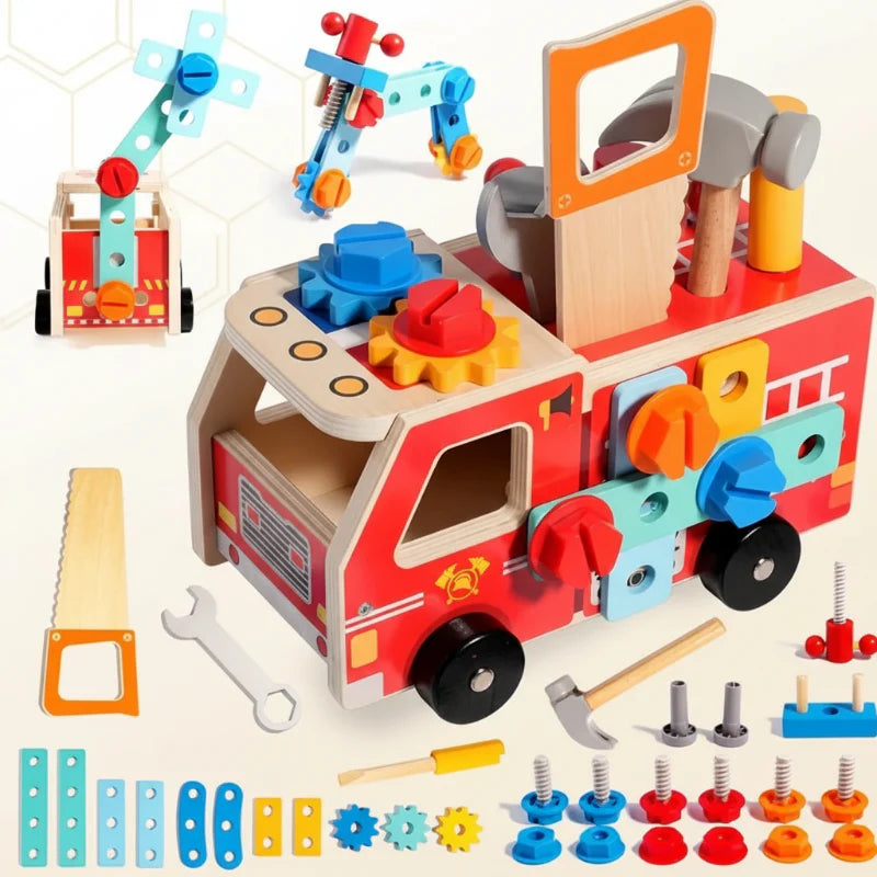 Fire truck building set with wooden tools, loose parts, and examples of different assemblies.