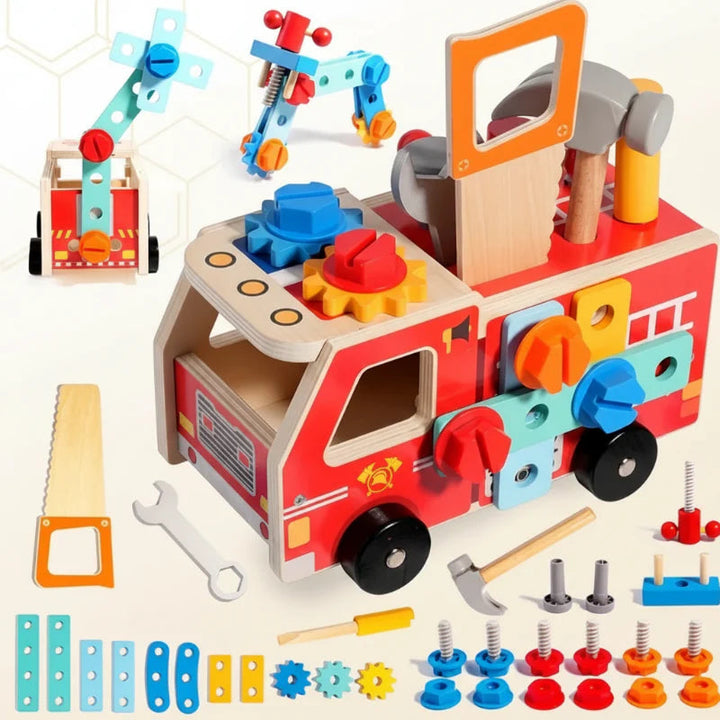 Fire truck building set with wooden tools, loose parts, and examples of different assemblies.