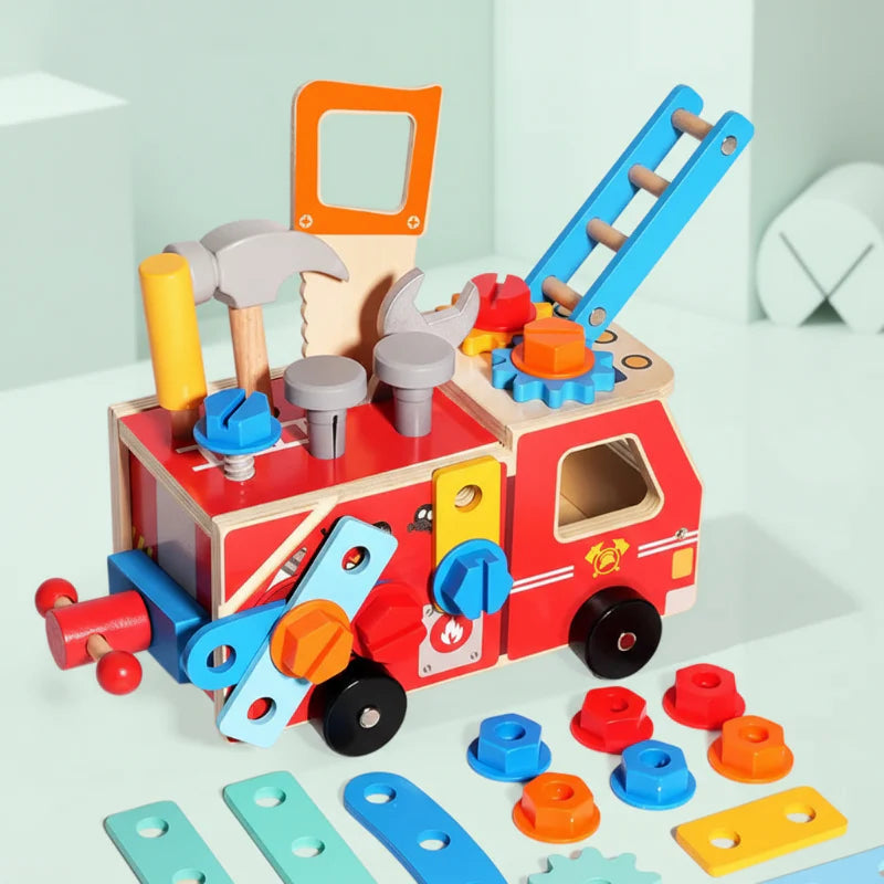 Red wooden fire truck fitted with tools, colorful gears, and a blue ladder.