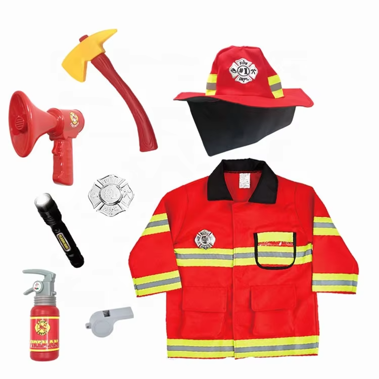 Red firefighter jacket and hat arranged with a toy megaphone, axe, flashlight, and other play accessories.