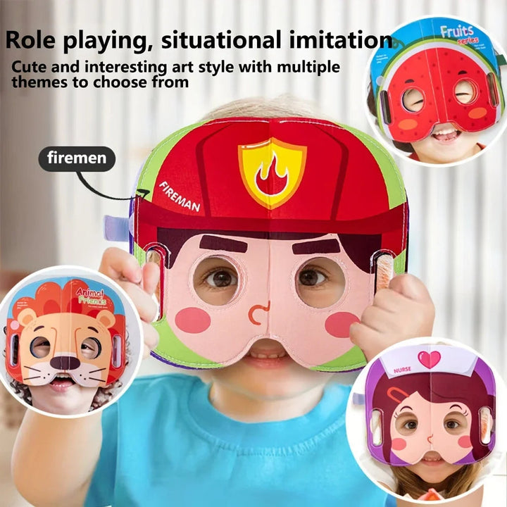 Child holding a firefighter-face cloth page, with animal, fruit, and nurse character examples.