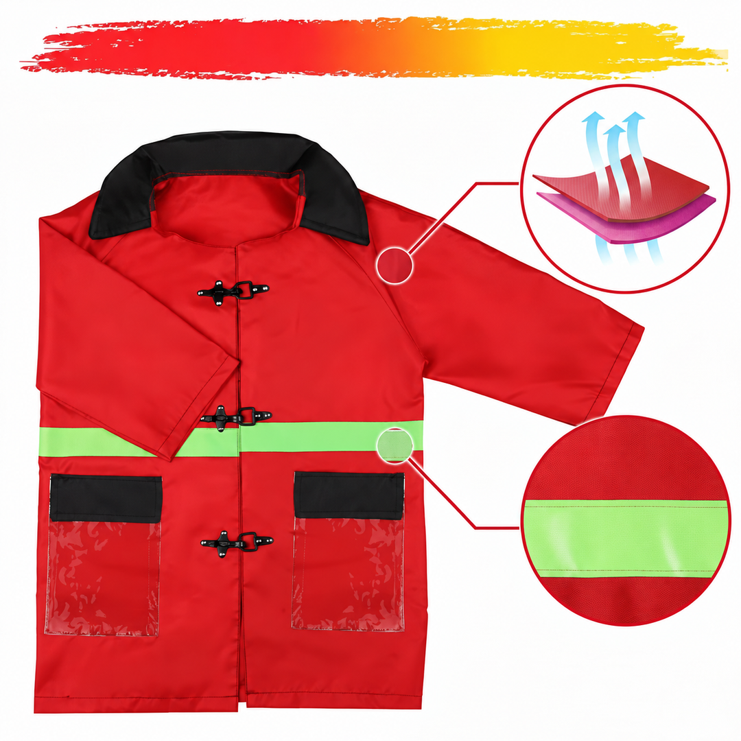 Red firefighter jacket showing front fasteners, pockets, and contrasting striped trim.