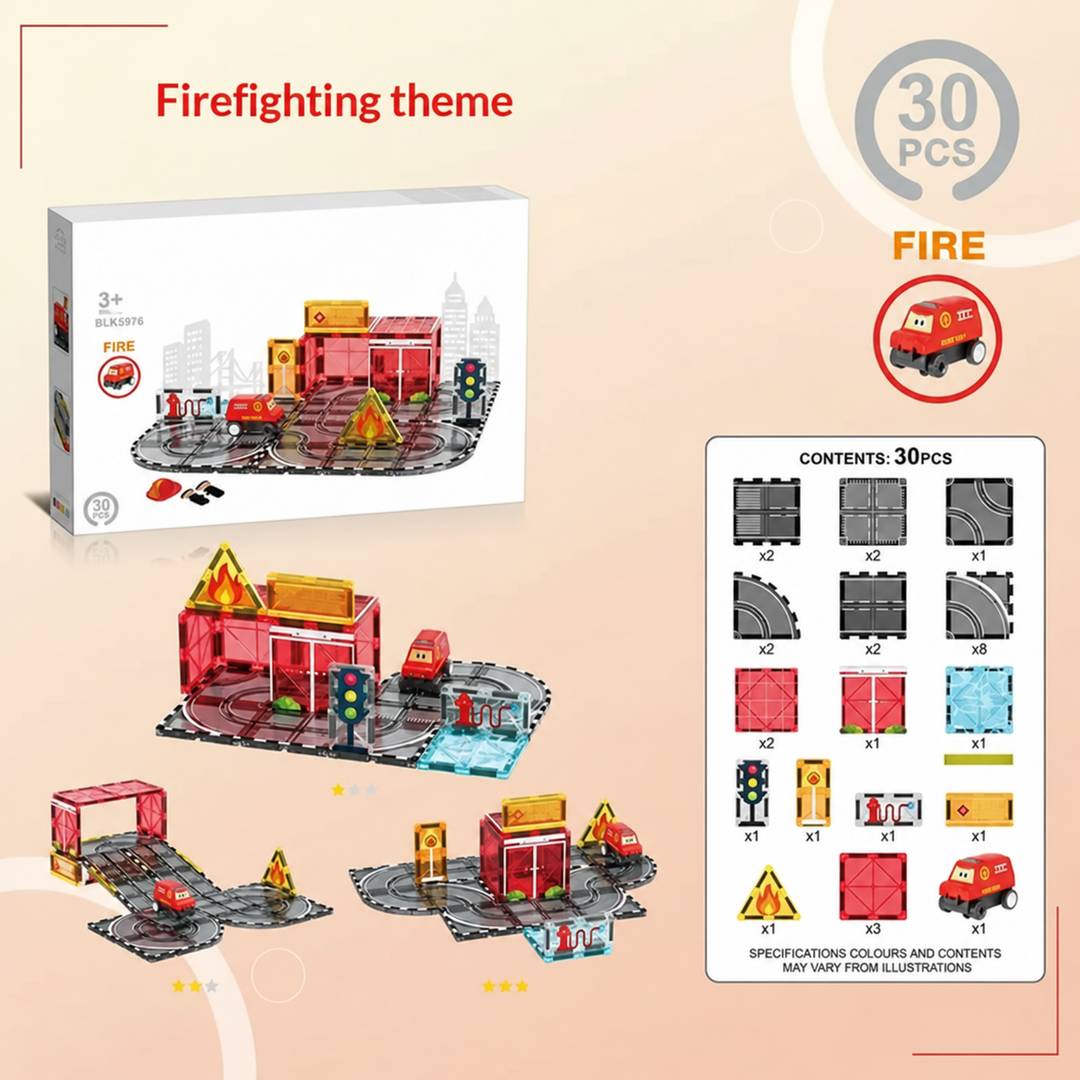 30-piece firefighting magnetic road set with a red fire truck and sample builds